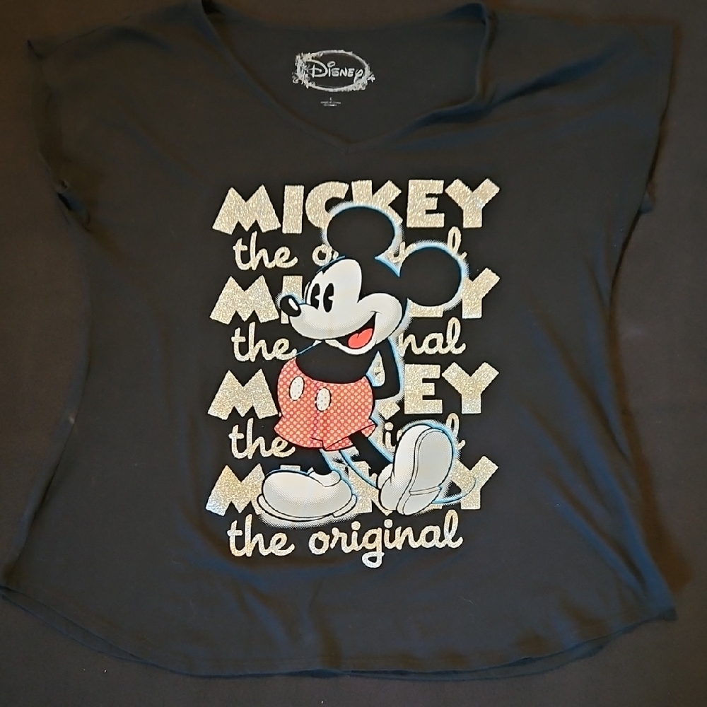 Disney Black Mickey Mouse Womens T-Shirt With Shimmering Letters